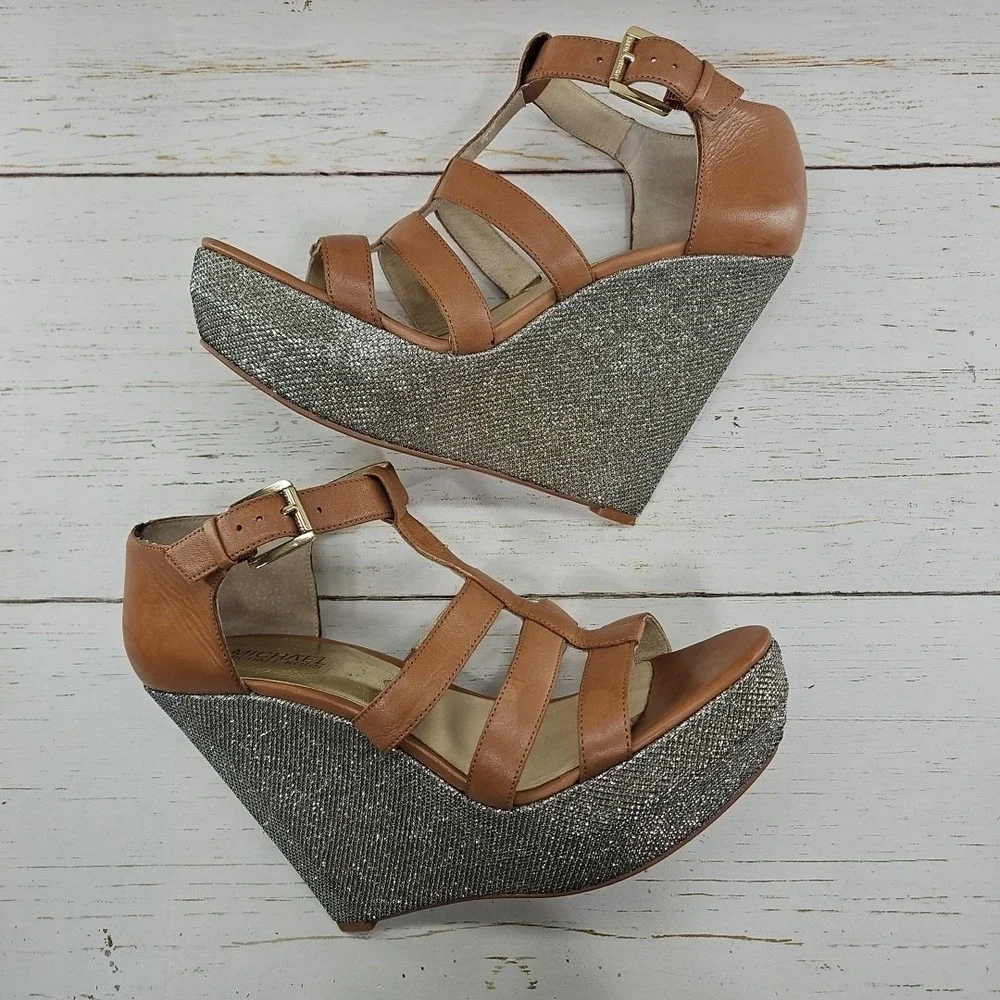 Michael Kors Faye Wedge Size‎ 10 Tan Gold Sparkle Leather Platform Sandals